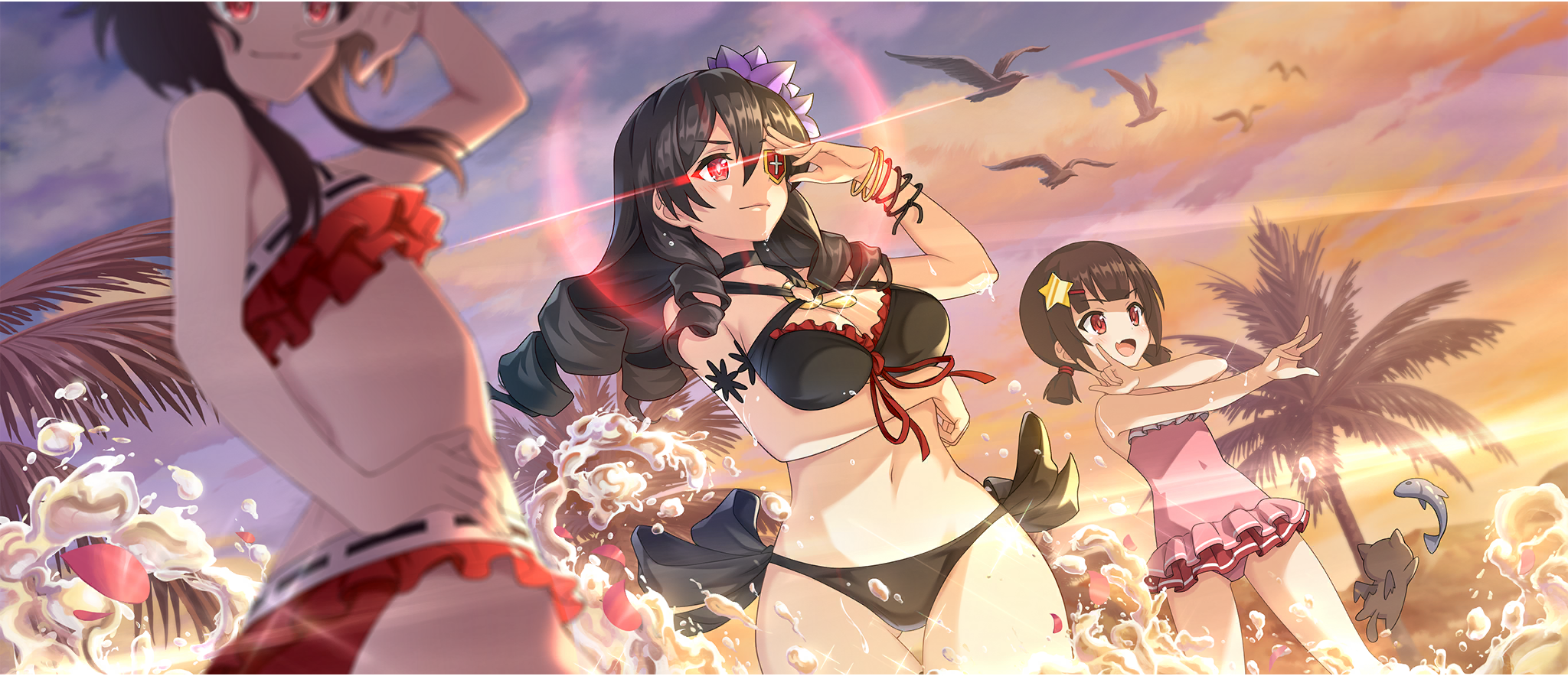3girls :d \m/ arm_under_breasts armpit_crease arue_(konosuba) bare_arms bare_legs bare_shoulders beach bikini bird black_bikini black_cat bracelet breasts brown_hair casual_one-piece_swimsuit cat child chomusuke chuunibyou cleavage closed_mouth cloud cloudy_sky covered_navel drill_hair drill_sidelocks dusk eyepatch fang flower frilled_bikini frilled_one-piece_swimsuit frills from_below game_cg glowing glowing_eye groin hair_between_eyes hair_flower hair_ornament hair_tie hairpin hand_on_own_hip hand_over_eye highres jewelry komekko kono_subarashii_sekai_ni_shukufuku_wo! konosuba!_fantastic_days large_breasts light_smile long_hair megumin multiple_girls navel o-ring o-ring_bikini o-ring_top official_alternate_costume official_art one-piece_swimsuit open_mouth outdoors outstretched_arm palm_tree pink_one-piece_swimsuit purple_flower red_bikini red_eyes red_petals seagull shade short_hair short_hair_with_long_locks short_twintails side-tie_bikini_bottom sidelocks skin_fang sky small_breasts smile splashing standing star_(symbol) star_hair_ornament stomach swimsuit thigh_gap thighs tree twintails water wet winged_cat