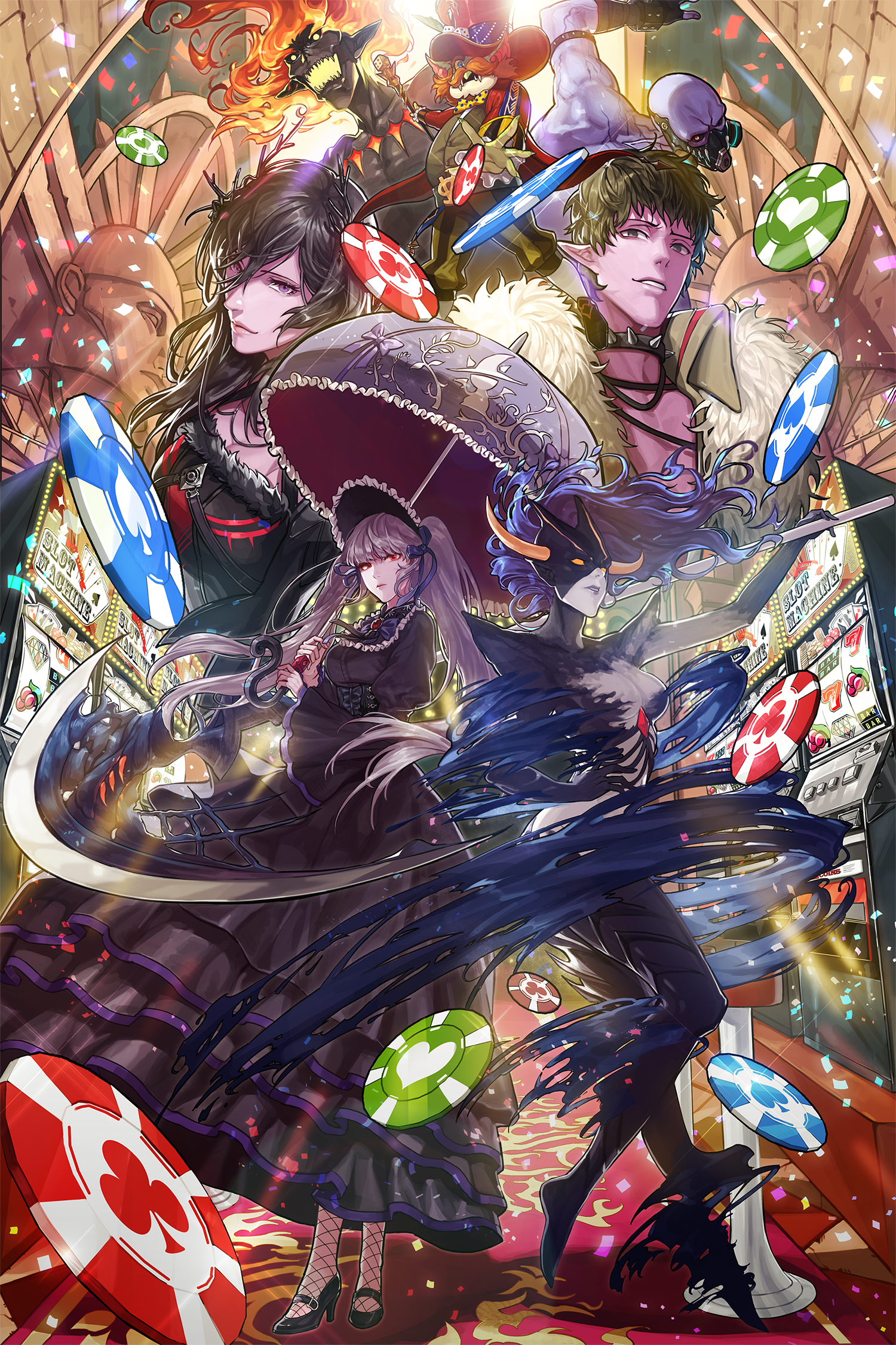 3girls 4boys armlet ascot barefoot black_collar black_dress black_gloves black_hair black_shoes black_skin blue_skin blunt_bangs breasts brown_hair casino character_request cleavage closed_mouth coat collar collarbone colored_skin commentary confetti dress dungeon_and_fighter facial_hair fiery_hair fingerless_gloves fishnet_thighhighs fishnets frilled_ascot frilled_headwear frills full_body fur_trim gem gloves green_eyes grey_skin grey_vest hair_ornament hat highres holding holding_staff holding_umbrella horns indoors jewelry long_hair looking_at_viewer looking_to_the_side mask medium_breasts monster_girl mouth_mask multiple_boys multiple_girls muscular muscular_male mustache open_mouth orange_eyes orange_hair orange_horns pants parted_lips pectoral_cleavage pectorals pink_skin pointy_ears poker_chip purple_ascot purple_eyes purple_hair purple_skin purple_umbrella reaching red_coat red_eyes red_gemstone red_hat respirator sharp_teeth shoes short_hair sparkle spiked_collar spikes staff teeth thighhighs twintails umbrella upper_body ven0305 vest yellow_eyes yellow_pants