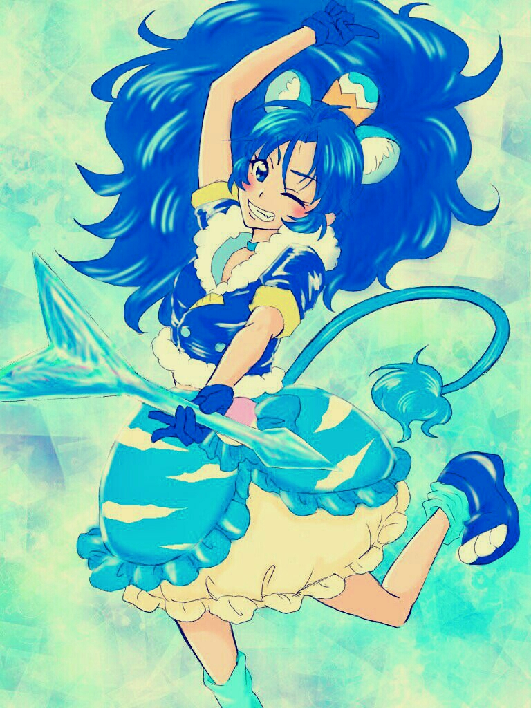 1girl ;) animal_ears arm_up arrow_(projectile) blue_eyes blue_hair crown dress gloves holding holding_arrow kirakira_precure_a_la_mode lion_ears lion_tail long_hair looking_at_viewer magical_girl nokocut_(zonotan) one_eye_closed paw_shoes precure short_sleeves smile solo standing standing_on_one_leg tail tategami_aoi
