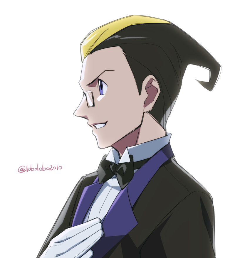 1boy black_bow black_bowtie black_hair blonde_hair bow bowtie collared_shirt commentary_request darach_(pokemon) glasses gloves hand_up jacket male_focus momoji_(lobolobo2010) multicolored_hair nintendo parted_lips pokemon pokemon_dppt pokemon_platinum purple_eyes shirt smile solo two-tone_hair upper_body white_gloves white_shirt