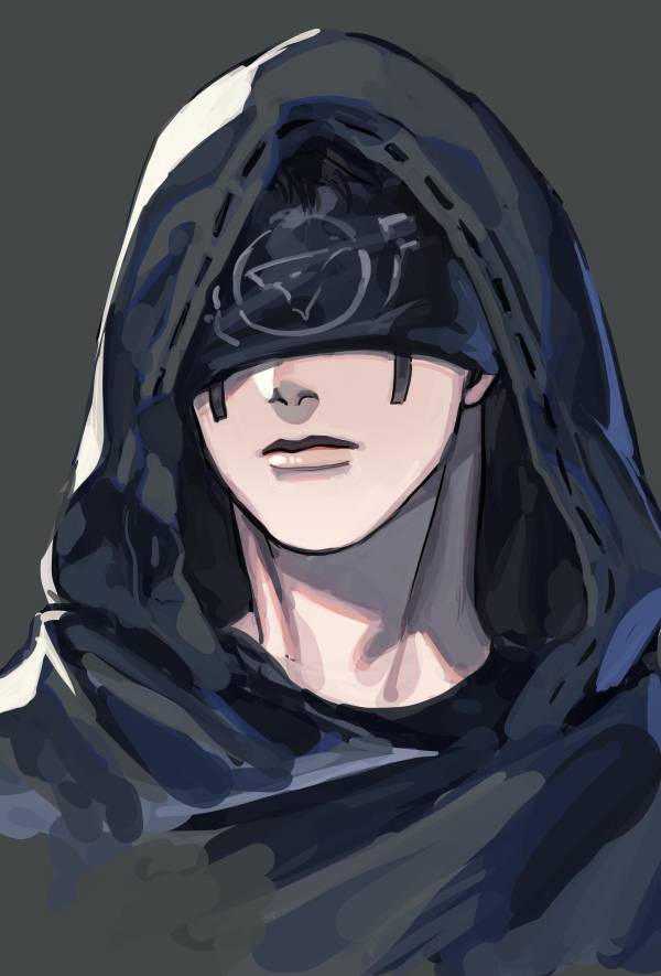 1boy azaya_(kuroi_azaya) black_hood blindfold closed_mouth commentary_request cropped_torso eli_clark expressionless facial_mark grey_background hood hood_up identity_v male_focus portrait simple_background solo