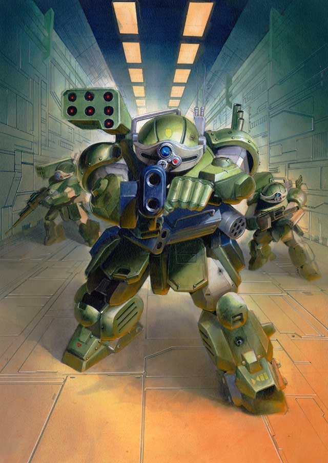 1980s_(style) gun hallway hyaku_todoroki mecha misogram no_humans official_art oldschool retro_artstyle rifle robot scopedog soukou_kihei_votoms weapon