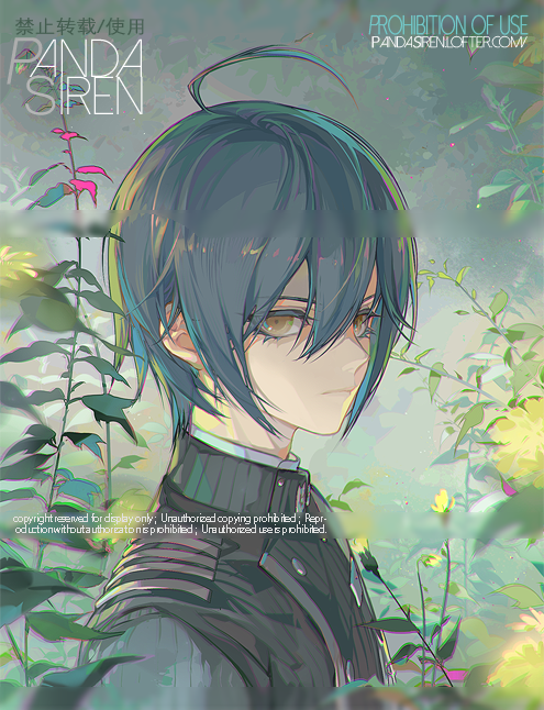 1boy ahoge artist_name black_hair black_jacket chinese_commentary collared_jacket danganronpa_(series) danganronpa_v3:_killing_harmony hair_between_eyes jacket male_focus outdoors pandasiren pinstripe_jacket pinstripe_pattern plant saihara_shuichi short_hair solo upper_body watermark yellow_eyes