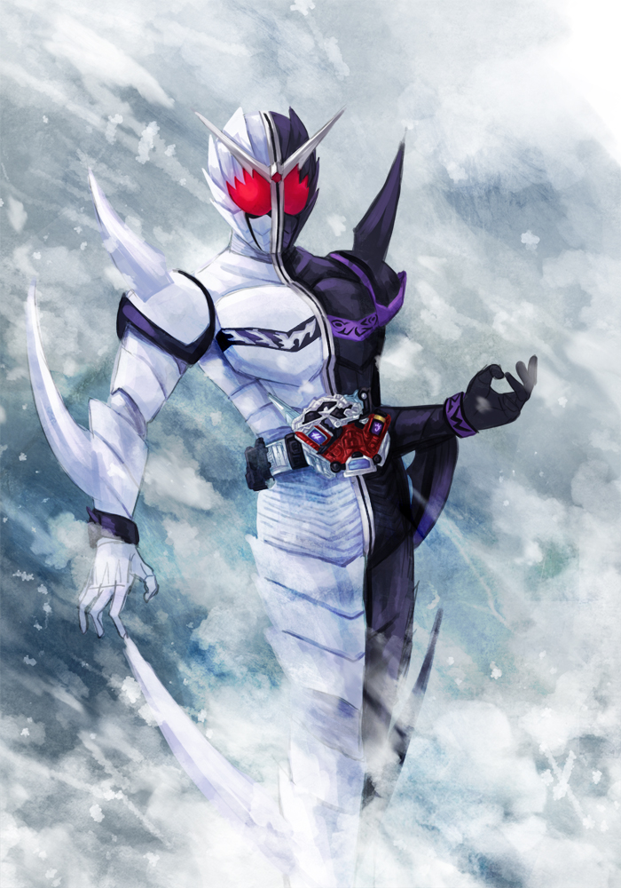 1boy armor bad_id bad_pixiv_id belt kacyu kamen_rider kamen_rider_double kamen_rider_double_(fangjoker) kamen_rider_w male_focus red_eyes solo spikes