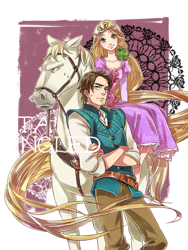 1boy 1girl absurdly_long_hair animification blonde_hair blue_eyes brown_hair crossed_arms crown disney flynn_rider green_eyes horse long_hair maximus_(tangled) pascal_(tangled) rapunzel_(disney) rapunzel_(fairy_tale) smile suzaku_(zaku6584) tangled very_long_hair
