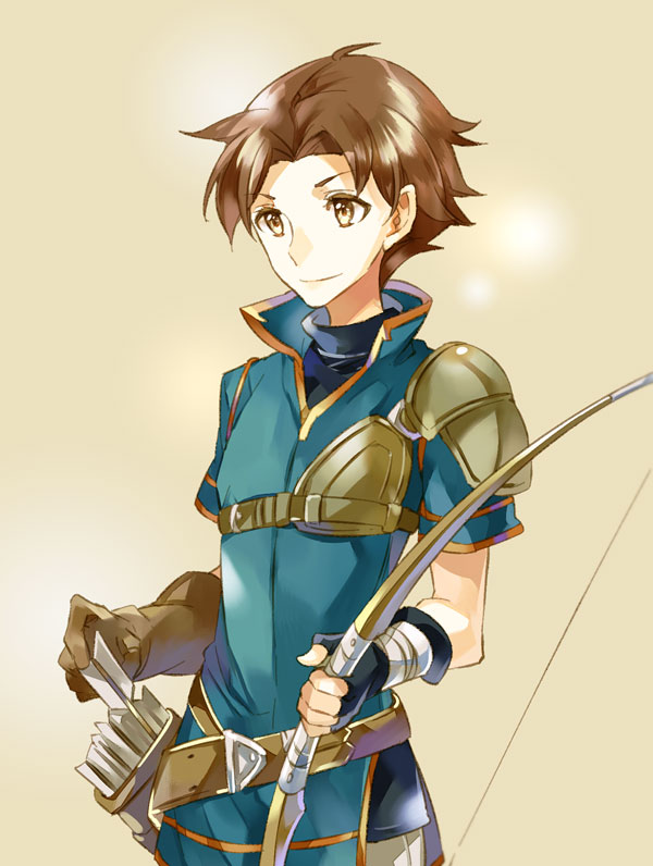 1boy armor arrow_(projectile) asymmetrical_clothes beige_background bow_(weapon) brown_eyes brown_hair fingerless_gloves fire_emblem fire_emblem:_the_blazing_blade gloves holding holding_weapon male_focus nintendo noki_(affabile) quiver simple_background solo weapon wil_(fire_emblem) yellow_background