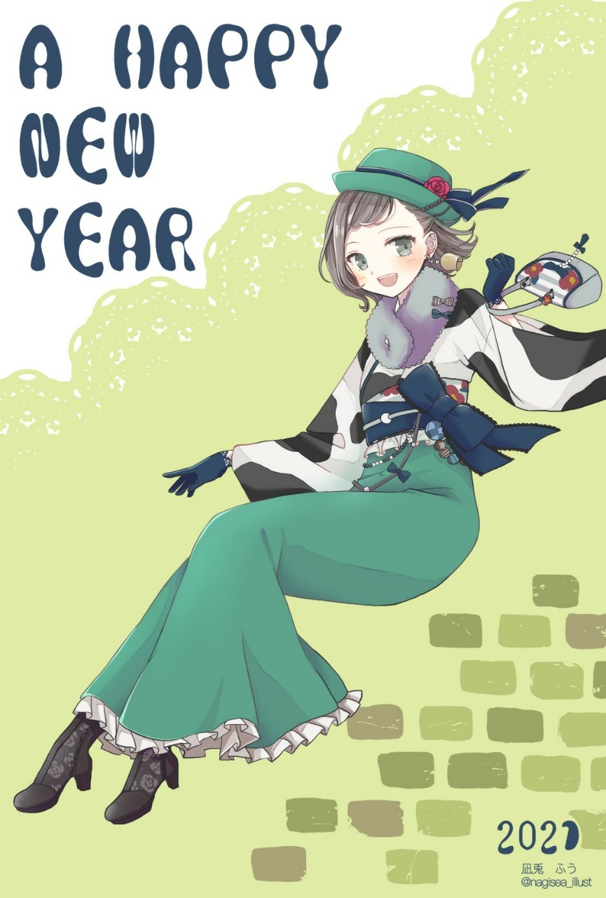 1girl 2021 animal_print bag bell bell_earrings blush brown_hair cow_print earrings flower full_body fur_collar gloves green_eyes handbag happy hat hat_flower hat_ribbon high_heels highres holding holding_bag japanese_clothes jewelry kimono long_sleeves nagitofuu obi open_mouth original ribbon sash short_hair smile solo wide_sleeves