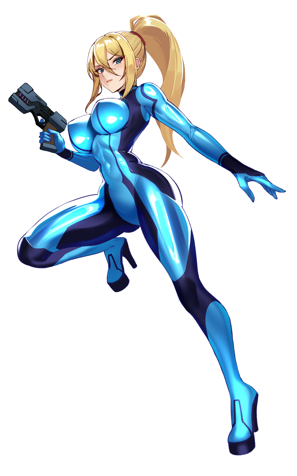 1girl blonde_hair blue_bodysuit blue_eyes bodysuit breasts closed_mouth full_body gun hand_up handgun high_heels high_ponytail highres holding holding_gun holding_weapon knee_up large_breasts long_hair looking_at_viewer metroid nintendo outstretched_arm plasma_pistol ponytail samus_aran simple_background skin_tight solo v-shaped_eyebrows very_long_hair volyz weapon zero_suit