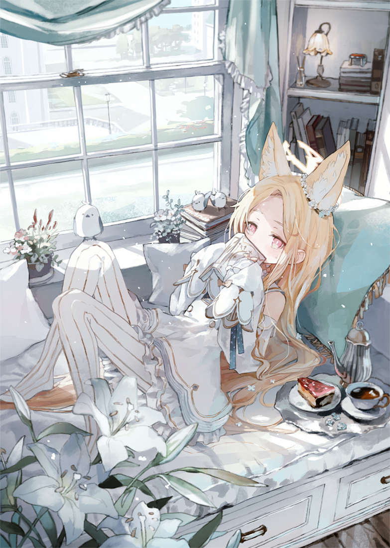 1girl animal_ear_fluff animal_ears bare_shoulders bird bird_on_knee blonde_hair blue_archive blush book cake detached_sleeves dress flower food forehead fox_ears fox_girl fox_tail hair_flower hair_ornament holding holding_book long_hair looking_at_viewer lying no_shoes on_back on_bed pantyhose pink_eyes seia_(blue_archive) sidelocks sleeves_past_fingers sleeves_past_wrists solo striped_clothes striped_pantyhose sweatdrop tail tea vertical-striped_clothes vertical-striped_pantyhose watakokyu white_dress white_flower white_pantyhose