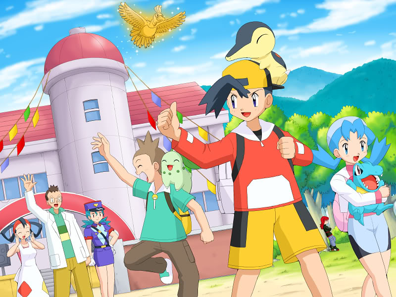 3girls 4boys backpack bag bike_shorts bird chikorita cyndaquil day elm_(pokemon) forest gen_2_pokemon glasses ho-oh jenny_(pokemon) jimmy_(pokemon) johto_mother legendary_pokemon marina_(pokemon) mother_(pokemon) mountain multiple_boys multiple_girls nature nintendo on_head pokemoa pokemon pokemon_(anime) pokemon_(classic_anime) pokemon_(creature) pokemon_on_head police silver_(pokemon) sky standing standing_on_one_leg starter_pokemon_trio totodile tree twintails vincent_(pokemon) walking waving