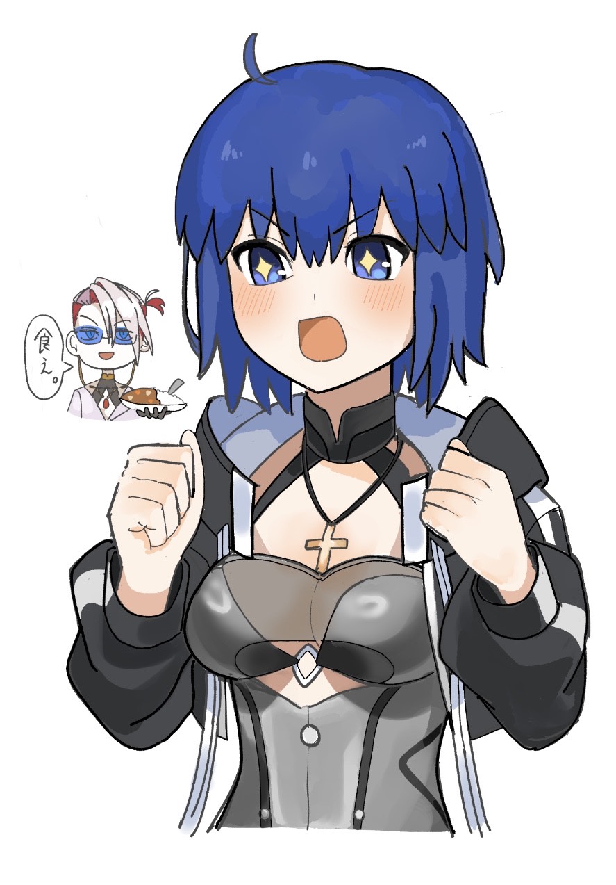 1boy 1girl ahoge bikini bikini_under_clothes black_bikini black_jacket blue_eyes blue_hair blush breasts c.i.e.l_(fate) c.i.e.l_(first_ascension)_(fate) chibi ciel_(tsukihime) cropped_jacket cross cross_necklace curry curry_rice dress_swimsuit fate/grand_order fate_(series) food grey_one-piece_swimsuit highres jacket jewelry karna_(fate) karna_(summer_outfit)_(fate) large_breasts long_sleeves necklace nyokinyoki_18 one-piece_swimsuit open_mouth plate red_hair rice short_hair smile sparkling_eyes speech_bubble sunglasses swimsuit translation_request white_hair