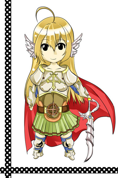 1girl ahoge belt black_eyes blonde_hair blue_thighhighs boobplate breastplate brown_belt cape chibi chibi_only closed_mouth commentary_request cross_of_prontera feathered_wings full_body green_skirt head_wings hijiru holding holding_sword holding_weapon long_hair looking_at_viewer lord_knight_(ragnarok_online) miniskirt ragnarok_online red_cape simple_background skirt smile solo sword thighhighs weapon white_background white_wings wings