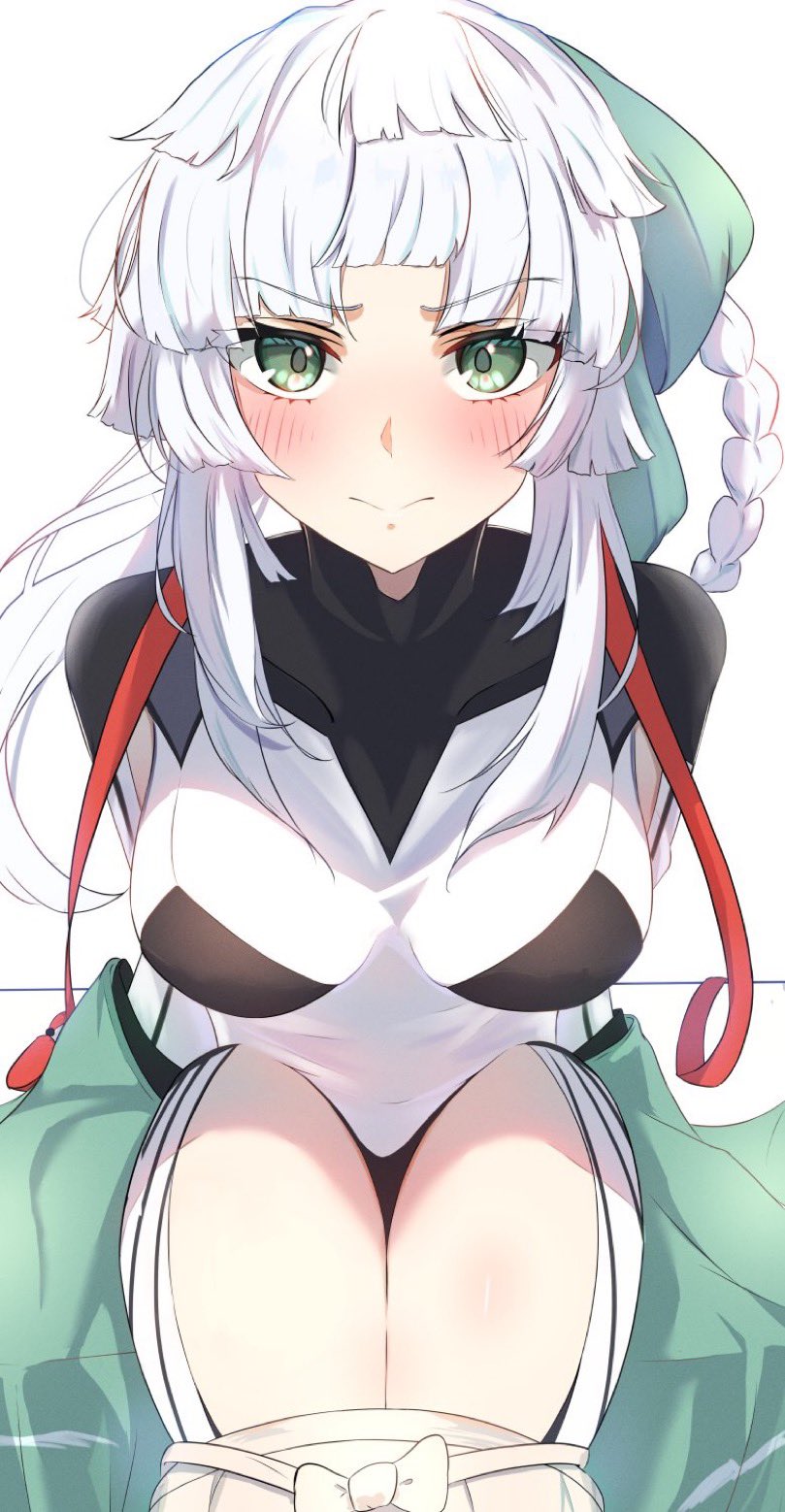 1girl armpit_cutout black_bodysuit blush bodysuit braid braided_hair_rings breasts clothing_cutout earrings fate/grand_order fate/samurai_remnant fate_(series) green_eyes green_kimono hair_ribbon hair_rings hakama highres japanese_clothes jewelry kimono long_hair looking_at_viewer medium_breasts off_shoulder ponytail ribbon sidelocks solo thigh_cutout thighs two-tone_bodysuit umi_endu undressing white_bodysuit white_hair white_hakama yui_shousetsu_(fate) yui_shousetsu_(first_ascension)_(fate) yui_shousetsu_(second_ascension)_(fate)