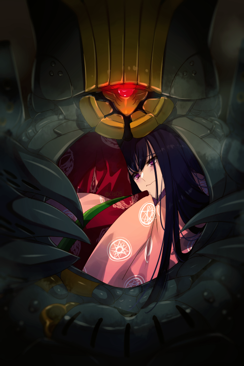 1girl black_hair breasts charles_babbage_(fate) closed_mouth echo_(circa) fate/grand_order fate_(series) japanese_clothes kimono long_hair long_sleeves murasaki_shikibu_(fate) murasaki_shikibu_(third_ascension)_(fate) pink_kimono purple_eyes robot very_long_hair wide_sleeves