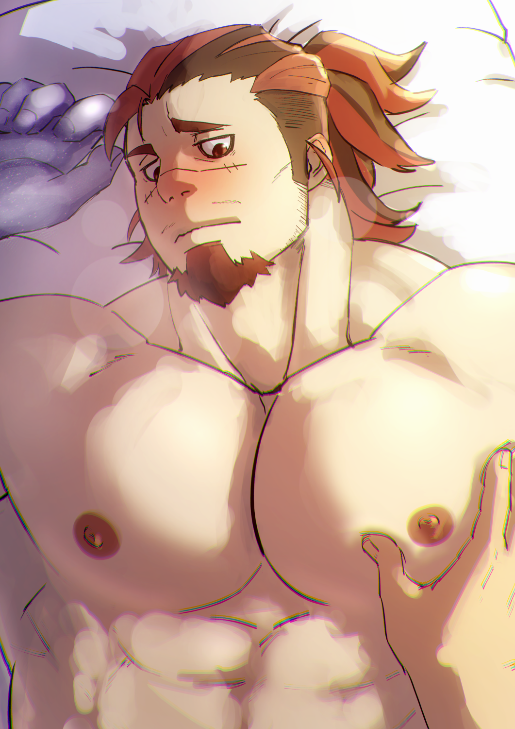 1boy abs bags_under_eyes bara blush boogeyman_(housamo) brown_hair colored_skin commentary_request facial_hair goatee highres katoributa_a large_pectorals long_sideburns male_focus mature_male multicolored_hair muscular muscular_male nipples out_of_frame pectoral_focus pectoral_grab pectorals pov pov_hands purple_skin red_eyes scar scar_on_face sideburns solo_focus tokyo_houkago_summoners topless_male two-tone_hair