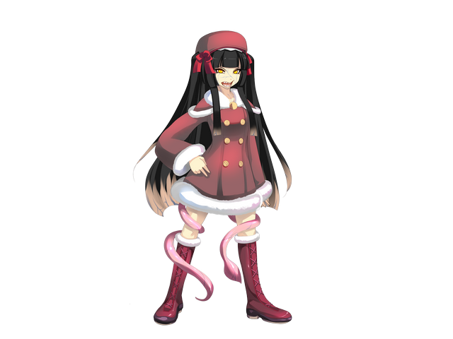 1girl black_hair boots brown_hair capelet closed_mouth dress eyes_visible_through_hair full_body fur-trimmed_dress fur_trim game_cg hand_on_own_hip hat hime_cut hiruko_(mon-musu_quest!) knee_boots large_variant_set long_hair long_sleeves mon-musu_quest! mon-musu_quest:_paradox multicolored_hair non-web_source nose open_mouth red_boots red_capelet red_dress red_hat scowl sharp_teeth shiki_(psychedelic_g2) sidelocks solo teeth tentacles variant_set veiny_face yellow_eyes