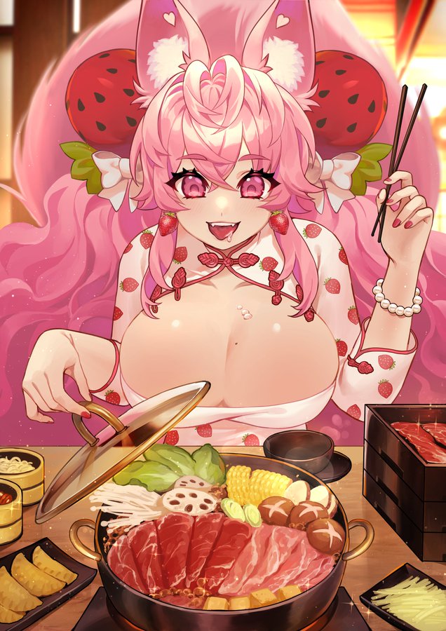 1girl ahoge animal_ear_fluff animal_ears breasts cleavage drooling food food-themed_hair_ornament fox_ears fox_girl hair_ornament indie_virtual_youtuber kireina_(osiimi) large_breasts nail_polish open_mouth pink_eyes pink_hair second-party_source solo strawberry_hair_ornament tongue tongue_out ultracat virtual_youtuber