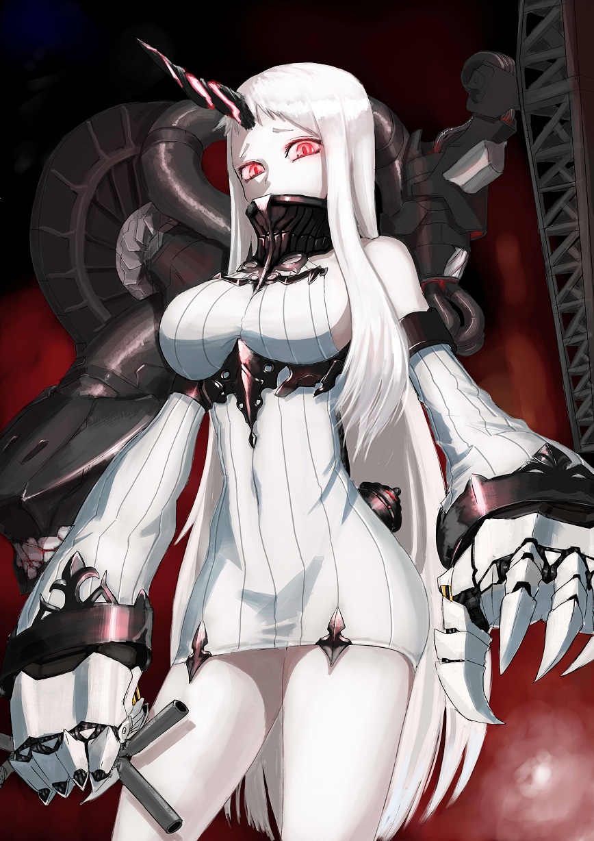 10s 1girl abyssal_ship bad_id bad_pixiv_id breasts claws dress highres horns izumo_(ton_63) kantai_collection large_breasts red_eyes ribbed_dress seaport_princess short_dress single_horn white_hair
