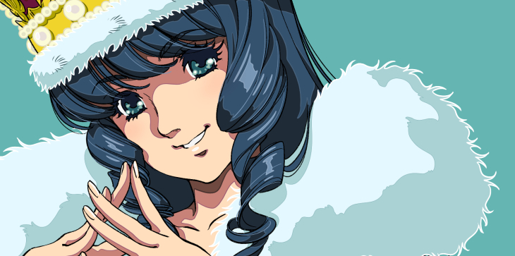 1980s_(style) 1girl blue_eyes blue_hair choujikuu_yousai_macross collarbone crown fur_trim index_fingers_together kotobuki_tsukasa long_hair looking_at_viewer lynn_minmay macross oldschool retro_artstyle simple_background smile solo