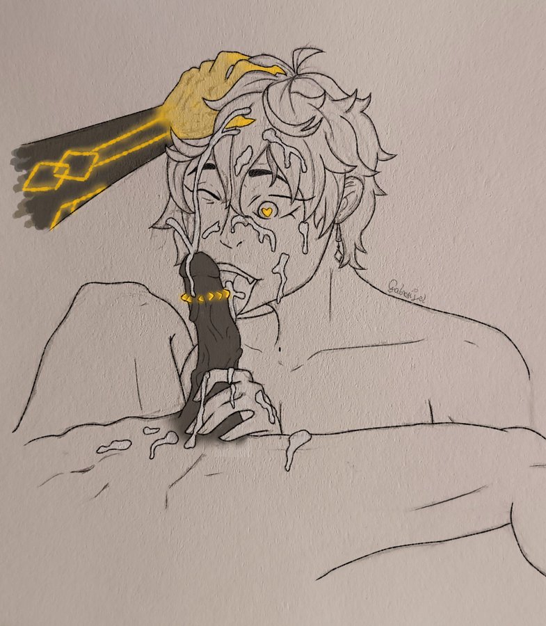2boys aftersex cum cum_in_mouth cum_on_body erection fellatio genshin_impact glowing glowing_body glowing_penis heart heart-shaped_pupils male_focus multiple_boys oral penis smile spiked_penis symbol-shaped_pupils tartaglia_(genshin_impact) yaoi zhongli_(archon)_(genshin_impact) zhongli_(genshin_impact)