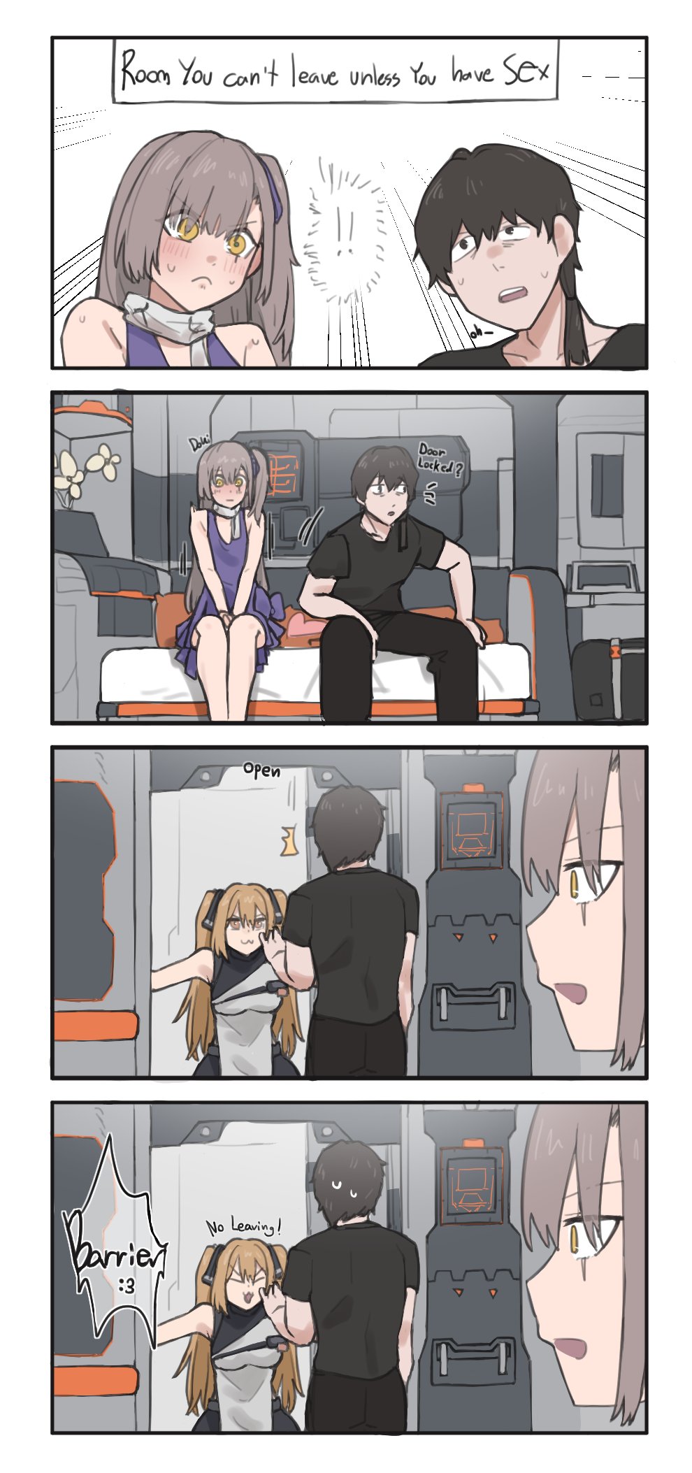 &gt;:) 1boy 2girls :3 :o alternate_costume bed black_hair black_pants black_ribbon black_shirt blonde_hair blush breasts commander_(girls&#039;_frontline) dress elmo_dormitory_outfit flower girls&#039;_frontline girls&#039;_frontline_2:_exilium grey_hair hair_between_eyes hair_tie heart heart-shaped_pillow highres large_breasts lenna_(girls&#039;_frontline_2) leva_(girls&#039;_frontline_2) meme military_uniform multiple_girls natawaru official_alternate_costume on_bed orange_eyes pants pillow purple_dress purple_ribbon ribbon room_you_can&#039;t_get_out_of_unless_you_x_(meme) scar scar_across_eye scar_on_face scarf shirt shy side_ponytail sidelocks small_breasts twintails ump45_(girls&#039;_frontline) ump9_(girls&#039;_frontline) v-shaped_eyebrows yellow_eyes