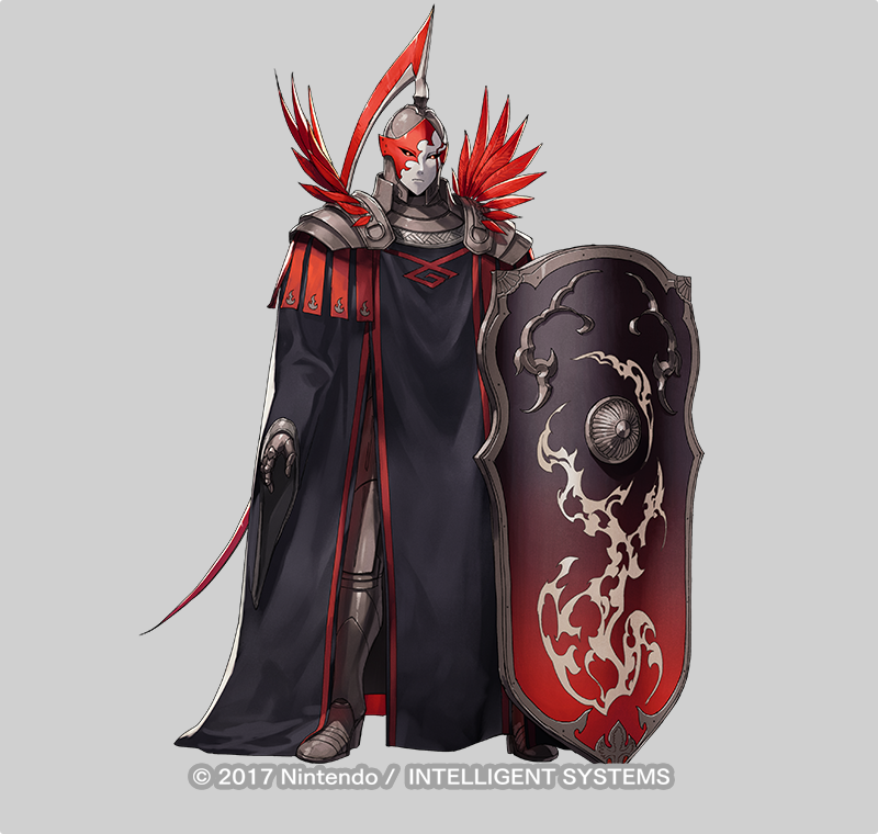 1other ambiguous_gender armor armored_boots boots copyright_notice dai-xt feathers fire_emblem fire_emblem:_three_houses fire_emblem_heroes flame_emperor full_body gloves glowing glowing_eyes grey_background helmet mask nintendo official_art other_focus red_eyes shield solo