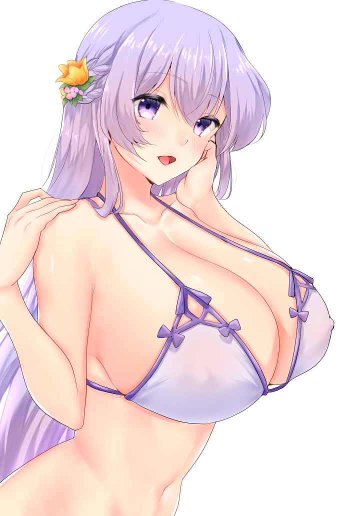 1girl azur_lane bikini bow bow_bikini breasts cleavage collarbone commentary_request flower from_side hair_flower hair_ornament huge_breasts long_hair looking_at_viewer official_alternate_costume purple_bikini purple_eyes purple_hair rodney_(azur_lane) rodney_(future_seaside_admiral)_(azur_lane) solo swimsuit very_long_hair yellow_flower zabuton_(zabu10n3)