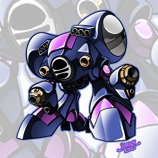 2021 arm_cannon armor chest_cannon chibi dated draug_(mecha) jeff_sorley macross macross_valkyrie_overdrive mecha mecha_focus meltrandi non-humanoid_robot power_armor robot science_fiction signature weapon