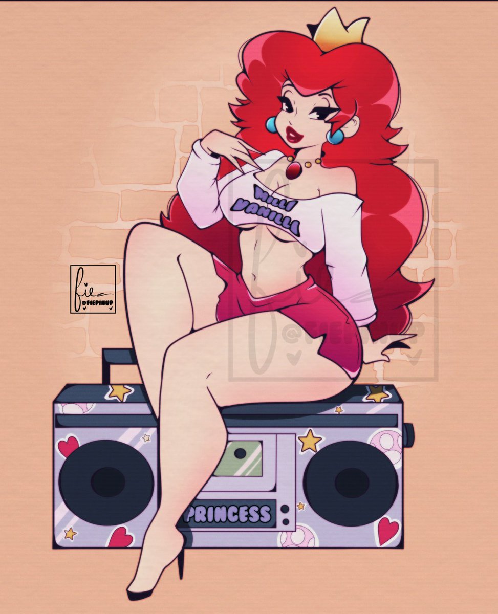 1girl alternate_costume alternate_hair_color black_eyes black_footwear boombox breasts brown_background cleavage collarbone commentary cresscin crown earrings english_commentary hair_behind_ear hand_on_own_shoulder heart high_heels highres jewelry large_breasts mario_(series) milli_vanilli necklace nintendo off_shoulder parted_lips pink_shirt princess_peach red_lips shirt sitting smile solo sphere_earrings star_(symbol) sticker the_adventures_of_super_mario_bros._3 underboob watermark