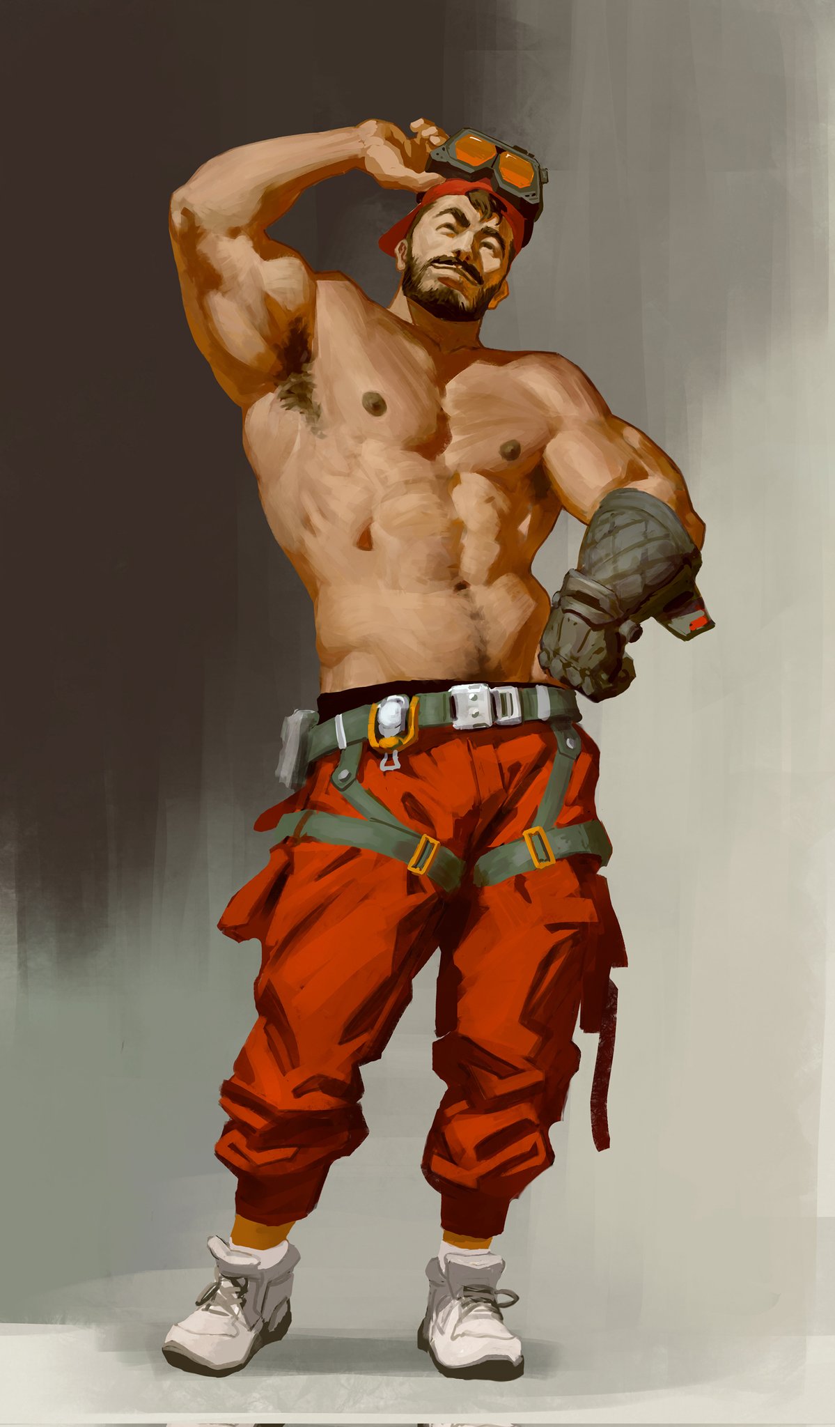 1boy armpit_hair bara beard belt black_hair chens_art engineer facial_hair full_beard goggles goggles_on_head green_belt highres muscular muscular_male original pants red_pants topless_male