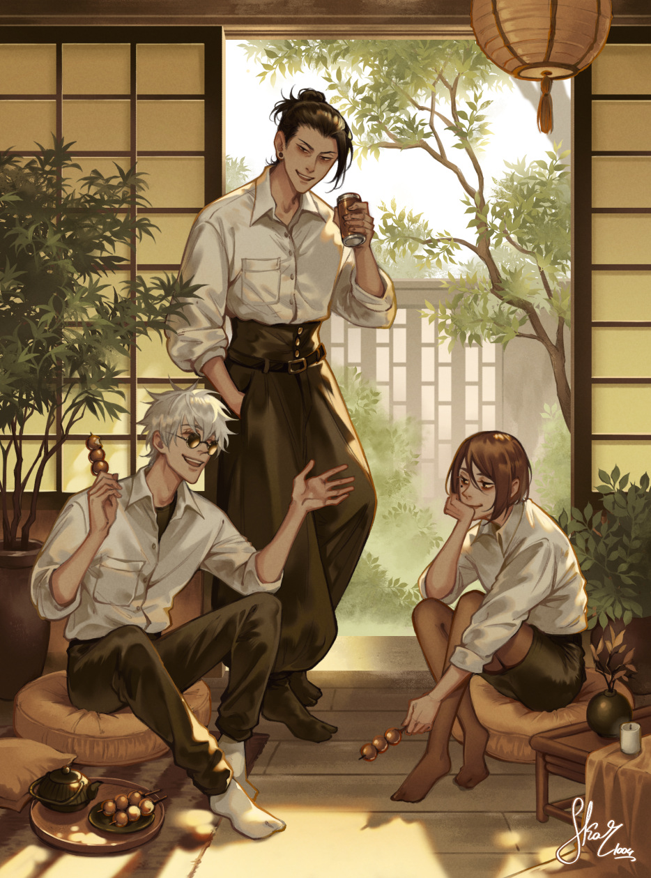 1girl 2boys black_hair black_pants brown_hair commentary cup dango english_commentary food full_body getou_suguru gojou_satoru hair_between_eyes hair_bun hand_in_pocket head_rest highres holding holding_cup ieiri_shoko jujutsu_kaisen mole mole_under_eye multiple_boys pants round_eyewear shirt signature single_sidelock sitting skar_1004 smile socks sunglasses talking wagashi white_hair white_shirt white_socks
