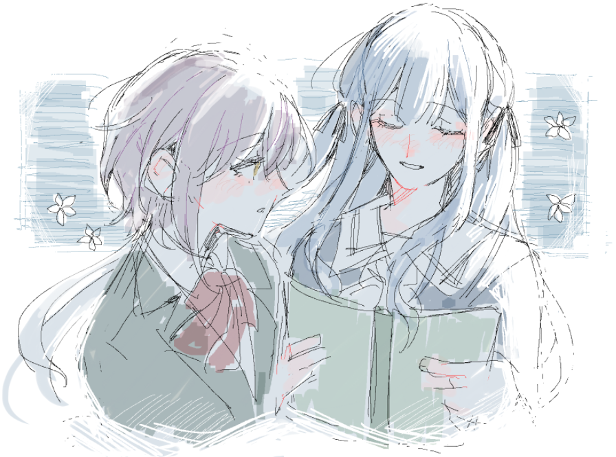 2girls bang_dream! bang_dream!_it&#039;s_mygo!!!!! black_ribbon blue_shirt blush closed_eyes commentary_request grey_hair hair_ribbon long_hair maybecrosswise multiple_girls open_mouth ribbon shirt short_hair sidelocks takamatsu_tomori thai_commentary togawa_sakiko yellow_eyes