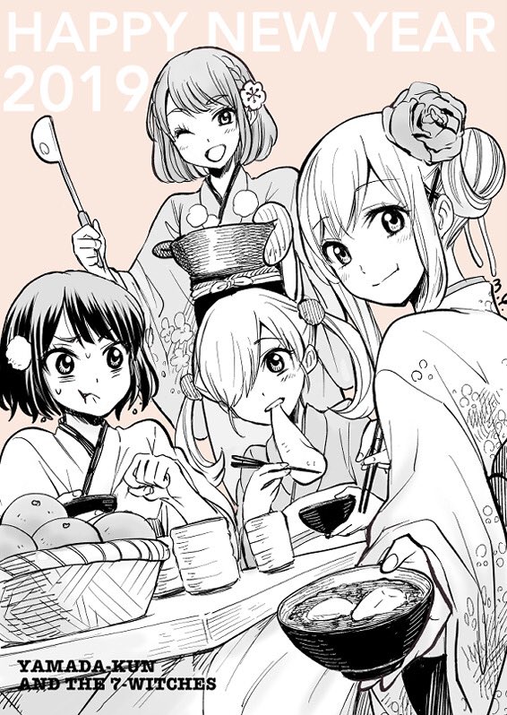 2019 4girls basket bowl chopsticks commentary_request cooking_pot copyright_name cup eating food fruit greyscale_with_colored_background hair_bun hair_ornament happy_new_year holding holding_bowl holding_chopsticks holding_ladle incoming_food itou_miyabi japanese_clothes kimono ladle looking_at_viewer mochi multiple_girls new_year odagiri_nene one_eye_closed open_mouth orange_(fruit) oven_mitts shiraishi_urara sidelocks smile takigawa_noa twintails wide_sleeves x_hair_ornament yamada-kun_to_7-nin_no_majo yoshikawa_miki yunomi