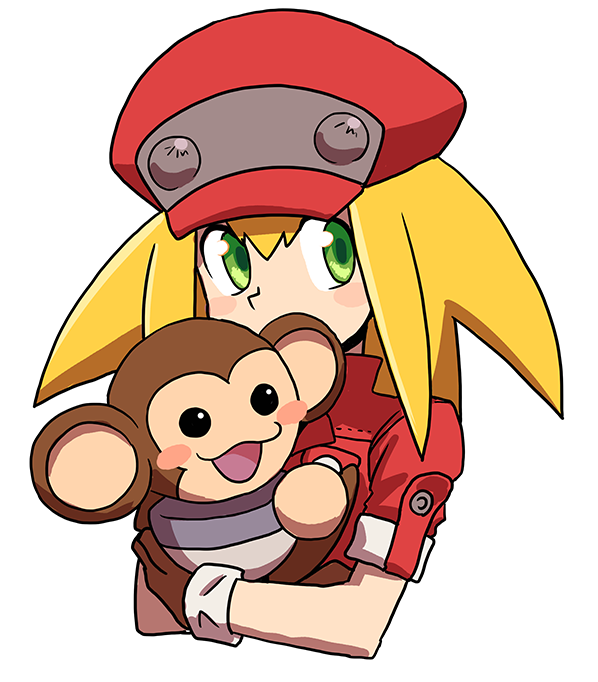 1boy 1girl blonde_hair newsboy_cap data_(mega_man) green_eyes hat jacket long_hair looking_at_viewer mega_man_(series) mega_man_legends_(series) mega_man_legends_3 muu_(mumumer) red_jacket roll_caskett_(mega_man)