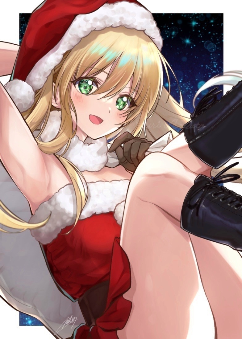 1girl arm_up armpits blonde_hair blush boots breasts green_eyes hat long_hair looking_at_viewer mar0maru night open_mouth original santa_costume santa_hat signature skirt small_breasts smile snow solo thighs