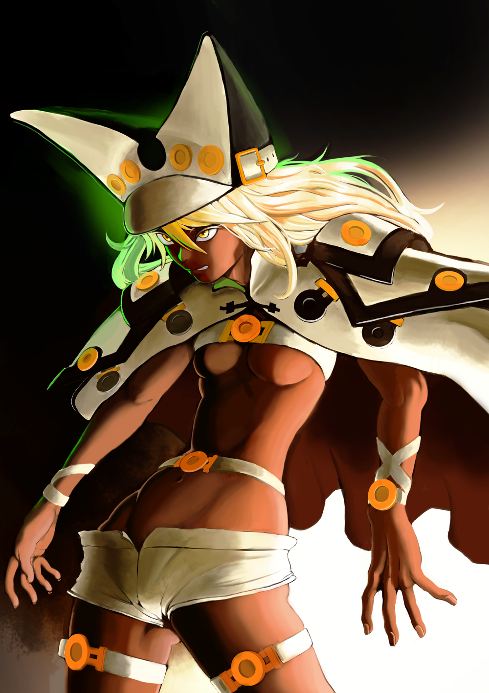 1girl bad_id bad_pixiv_id belt belt_bra blonde_hair blush breasts cape cowboy_shot dark-skinned_female dark_skin female_focus guilty_gear guilty_gear_xrd hat highres hitomaruniigo long_hair navel orange_eyes ramlethal_valentine short_shorts shorts solo thigh_strap underboob white_hair