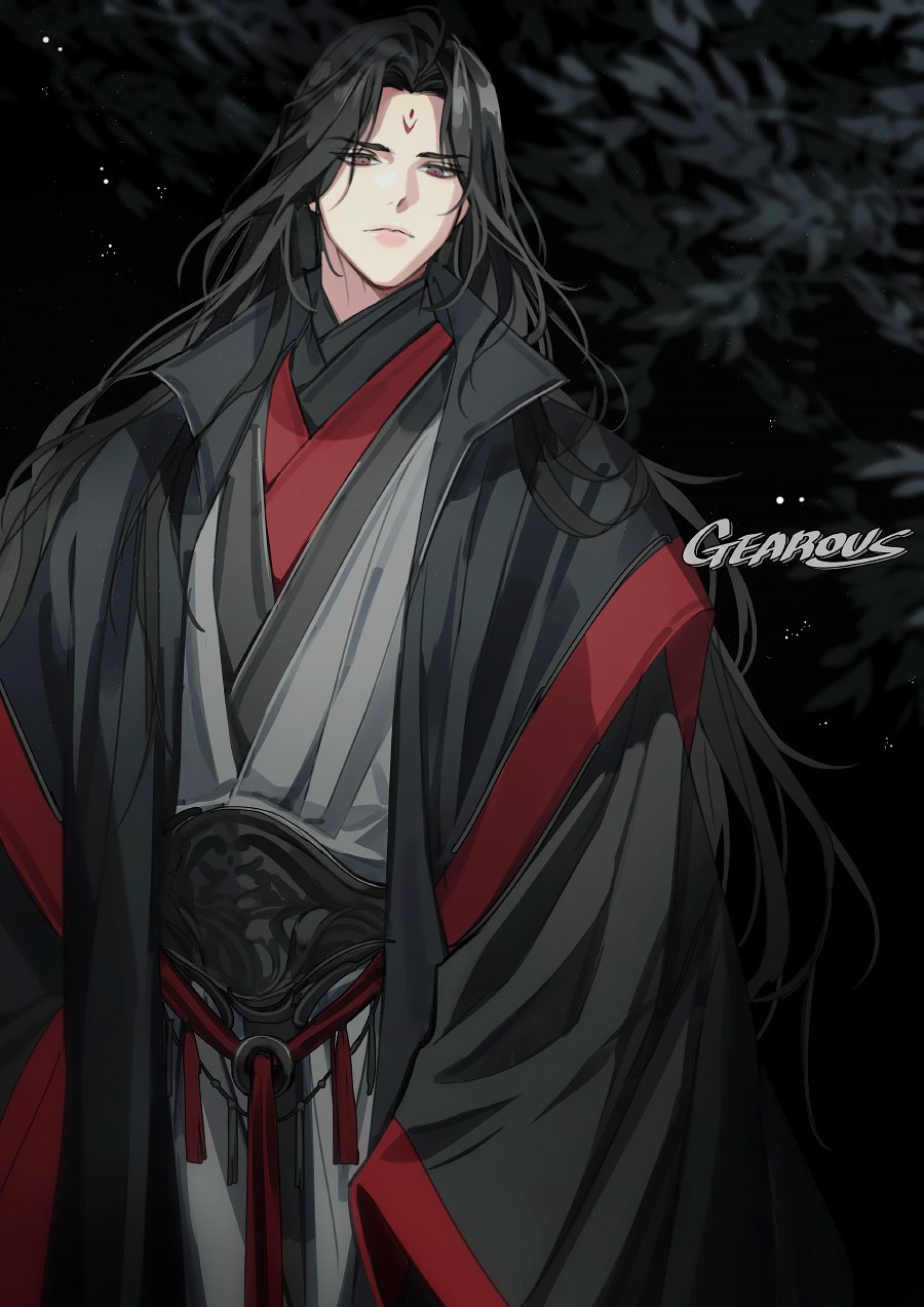 1boy artist_name bishounen black_background black_coat black_hair black_robe chinese_clothes closed_mouth coat curly_hair facial_mark forehead_mark gearous grey_hanfu hanfu highres long_hair long_sleeves looking_at_viewer luo_binghe male_focus red_eyes red_trim renzha_fanpai_zijiu_xitong robe solo standing very_long_hair wide_sleeves