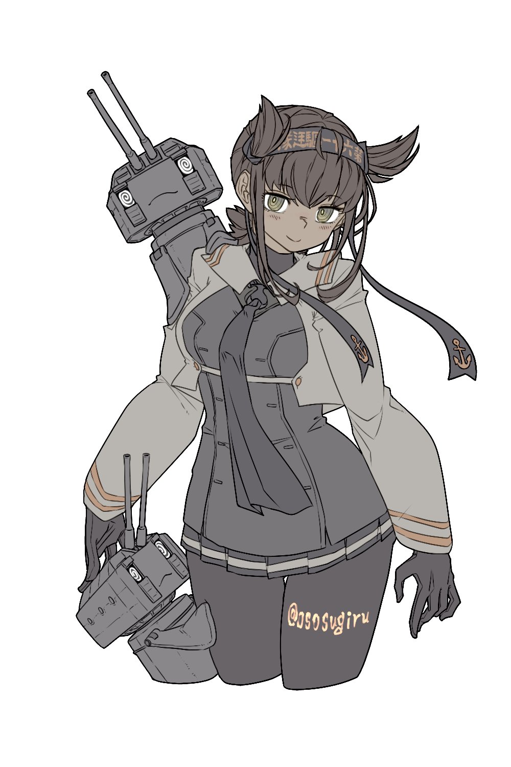 1girl anchor_symbol black_bodysuit black_headband black_neckerchief blush bodysuit brown_hair chou-10cm-hou-chan chou-10cm-hou-chan_(hatsuzuki&#039;s) closed_mouth commentary_request cropped_jacket cropped_legs green_eyes hachimaki hair_flaps hatsuzuki_(kancolle) hatsuzuki_kai_ni_(kancolle) headband highres kantai_collection long_sleeves looking_at_viewer neckerchief oso_(toolate) simple_background twitter_username white_background