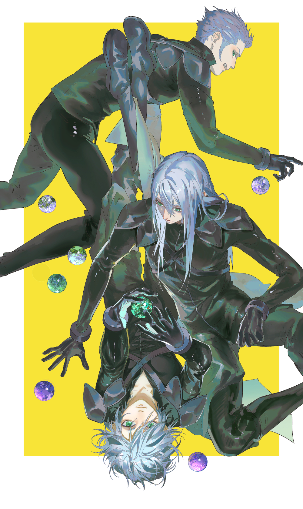 3boys all_fours arm_support armor asymmetrical_bangs black_bodysuit black_footwear black_gloves black_pants bodysuit boots brothers chinese_commentary commentary_request crossed_ankles expressionless final_fantasy final_fantasy_vii final_fantasy_vii_advent_children from_above full_body gem gloves green_eyes green_gemstone grey_hair grin hair_between_eyes hair_over_one_eye hair_slicked_back hand_up hands_up highres kadaj long_hair looking_at_another looking_at_viewer looking_down looking_to_the_side loz lying multiple_boys on_back orb pants purple_gemstone short_hair shoulder_armor shoulder_strap siblings smile upside-down very_short_hair yan_river yazoo yellow_background