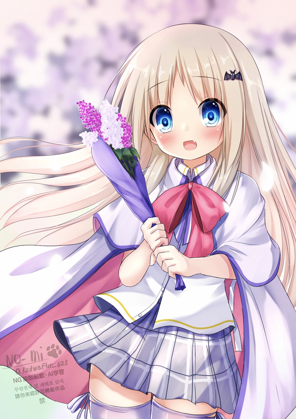 1girl bat_hair_ornament blonde_hair blue_eyes blurry blurry_background bouquet bow bowtie capelet cloak cowboy_shot fang flower hair_ornament highres holding holding_bouquet kud_wafter kudpoid_(71139) little_busters! little_busters!_school_uniform long_hair miniskirt noumi_kudryavka open_mouth pink_bow pink_bowtie plaid_clothes plaid_skirt pleated_skirt school_uniform shirt skirt solo thighhighs white_capelet white_cloak white_shirt