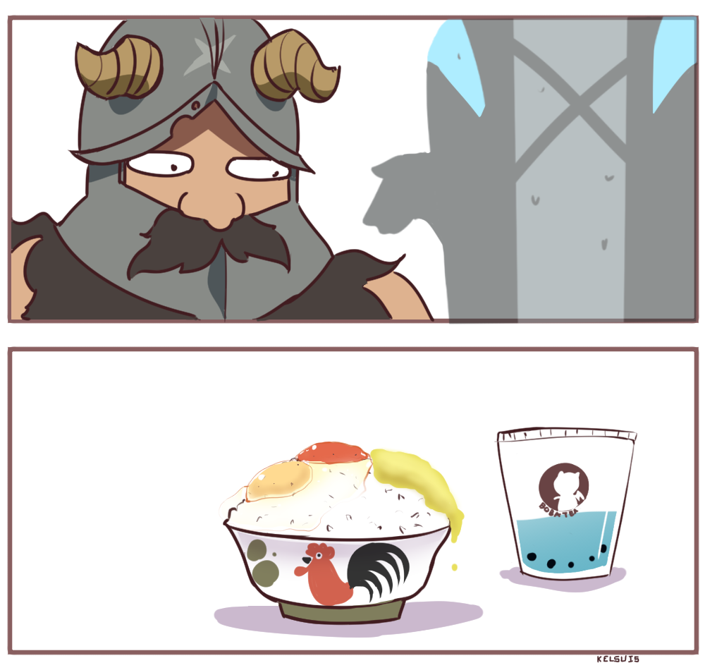 1boy 1other animal_print arknights beard beard_over_mouth bird bowl bubble_tea chicken crossover doctor_(arknights) drink dungeon_meshi dwarf egg_(food) facial_hair fake_horns food helmet horned_helmet horns kelsuis long_beard mustache nervous_sweating out_of_frame rice rice_bowl roe senshi_(dungeon_meshi) surprised suspicious_egg_dish sweat sweatdrop thick_mustache very_long_beard