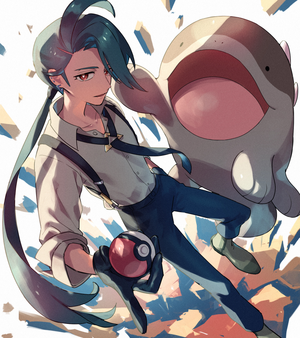 1girl ahoge black_necktie black_pants bright_pupils buttons clodsire collared_shirt commentary_request gloves green_hair holding holding_poke_ball long_hair necktie nintendo pants poke_ball poke_ball_(basic) pokemon pokemon_(creature) pokemon_sv ponytail rika_(pokemon) shirt shoes suruga_dbh suspenders white_pupils