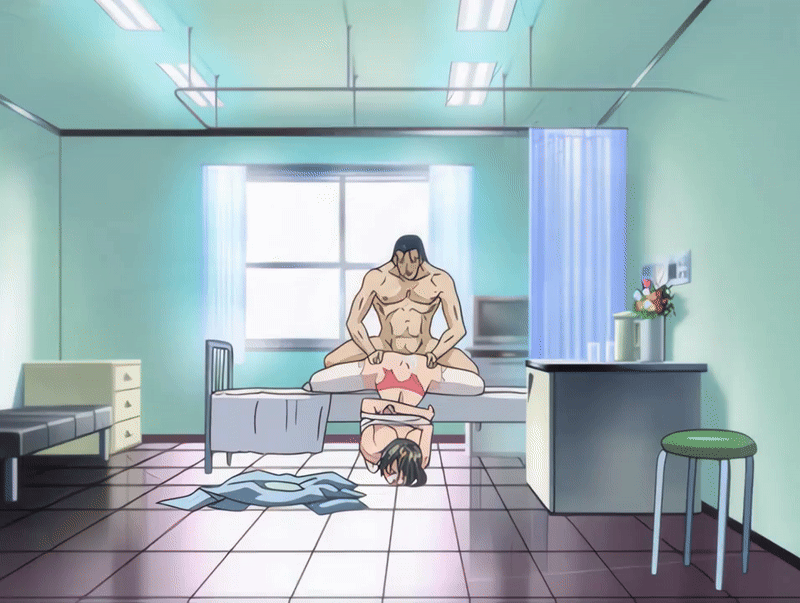 00s 1boy 1girl 2004 anal animated animated_gif anime_screenshot ass bed bent_over bible_black bible_black_new_testament brown_hair clothes_lift cum cum_on_body earrings facial forced hair_ornament hairclip harada_eri hetero hospital hospital_bed jewelry nurse open_clothes oshima_takeshi patient rape restrained shin_bible_black tagme