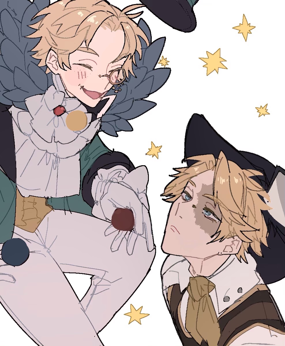 2boys :d ascot ball blonde_hair blue_eyes burn_scar closed_eyes coat collared_shirt expressionless freckles frills fur-trimmed_coat fur_trim glasses gloves hat highres identity_v looking_at_another male_focus mike_morton monocle mr._swifts_(identity_v) multiple_boys norton_campbell official_alternate_costume open_mouth scar shirt short_hair simple_background smile star_(symbol) star_symbol_background unworn_hat unworn_headwear white_background white_gloves wonakira yellow_ascot