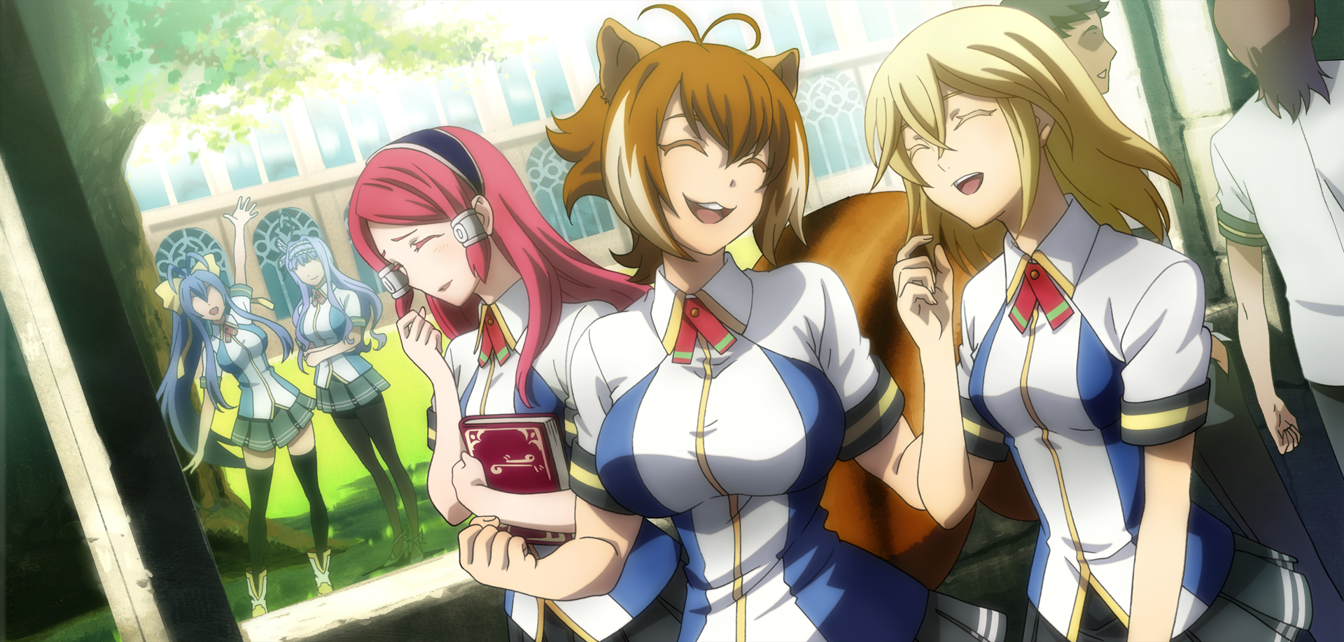 2boys 5girls animal_ears blazblue blazblue:_central_fiction blonde_hair blue_hair book border breasts brown_hair closed_eyes game_cg genderswap genderswap_(mtf) highres kajun_faycott large_breasts long_hair mai_natsume makoto_nanaya multiple_boys multiple_girls noel_vermillion official_art open_mouth pantyhose ponytail red_hair school_uniform smile tagme tail thighhighs tsubaki_yayoi