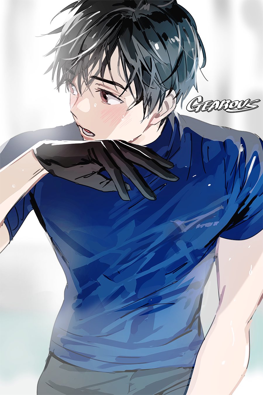 1boy artist_name black_gloves black_hair black_pants blue_shirt brown_eyes gearous gloves highres katsuki_yuuri light_blush looking_to_the_side male_focus open_mouth pants shirt sweat upper_body yuri!!!_on_ice