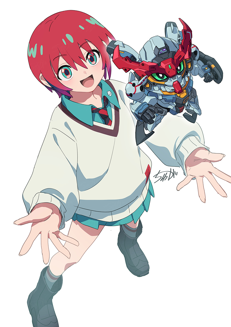 1girl amate_yuzuriha aqua_eyes commentary_request gquuuuuux green_eyes gundam gundam_gquuuuuux long_sleeves looking_at_viewer mecha mobile_suit necktie red_hair robot school_uniform science_fiction sd_gundam short_hair simple_background skirt smile sweater tyuga v-fin