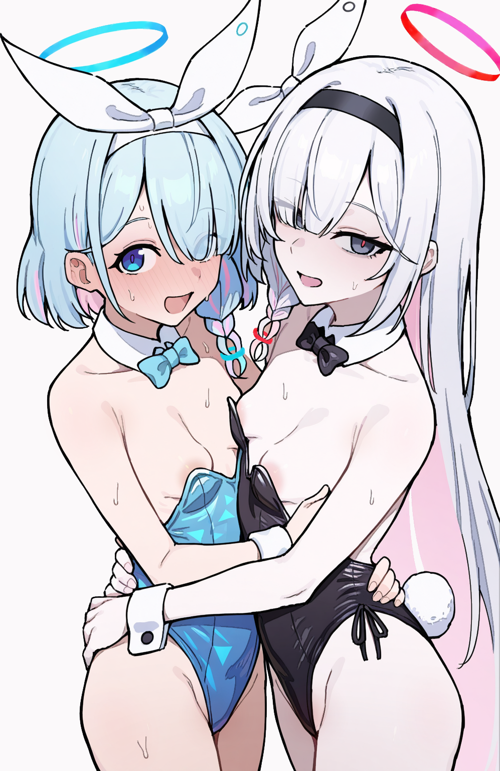 2girls alternate_costume animal_ears areola_slip armpit_crease arona_(blue_archive) bare_arms bare_shoulders black_bow black_bowtie black_eyes black_hairband black_leotard blue_archive blue_bow blue_bowtie blue_eyes blue_halo blush bow bowtie braid breasts colored_inner_hair covered_navel detached_collar embarrassed eyes_visible_through_hair fake_tail hair_between_eyes hair_over_one_eye hair_ribbon hairband halo highleg highleg_leotard highres leotard loli long_hair looking_at_viewer medium_hair multicolored_hair multiple_girls nipple_slip nipples open_mouth pink_hair plana_(blue_archive) playboy_bunny rabbit_ears rabbit_tail red_halo red_pupils ribbon side_braid simple_background single_braid small_breasts smile standing strapless strapless_leotard sweat sweatdrop tail thighs traditional_bowtie very_long_hair white_background white_hair white_hairband white_ribbon wrist_cuffs zepyuros
