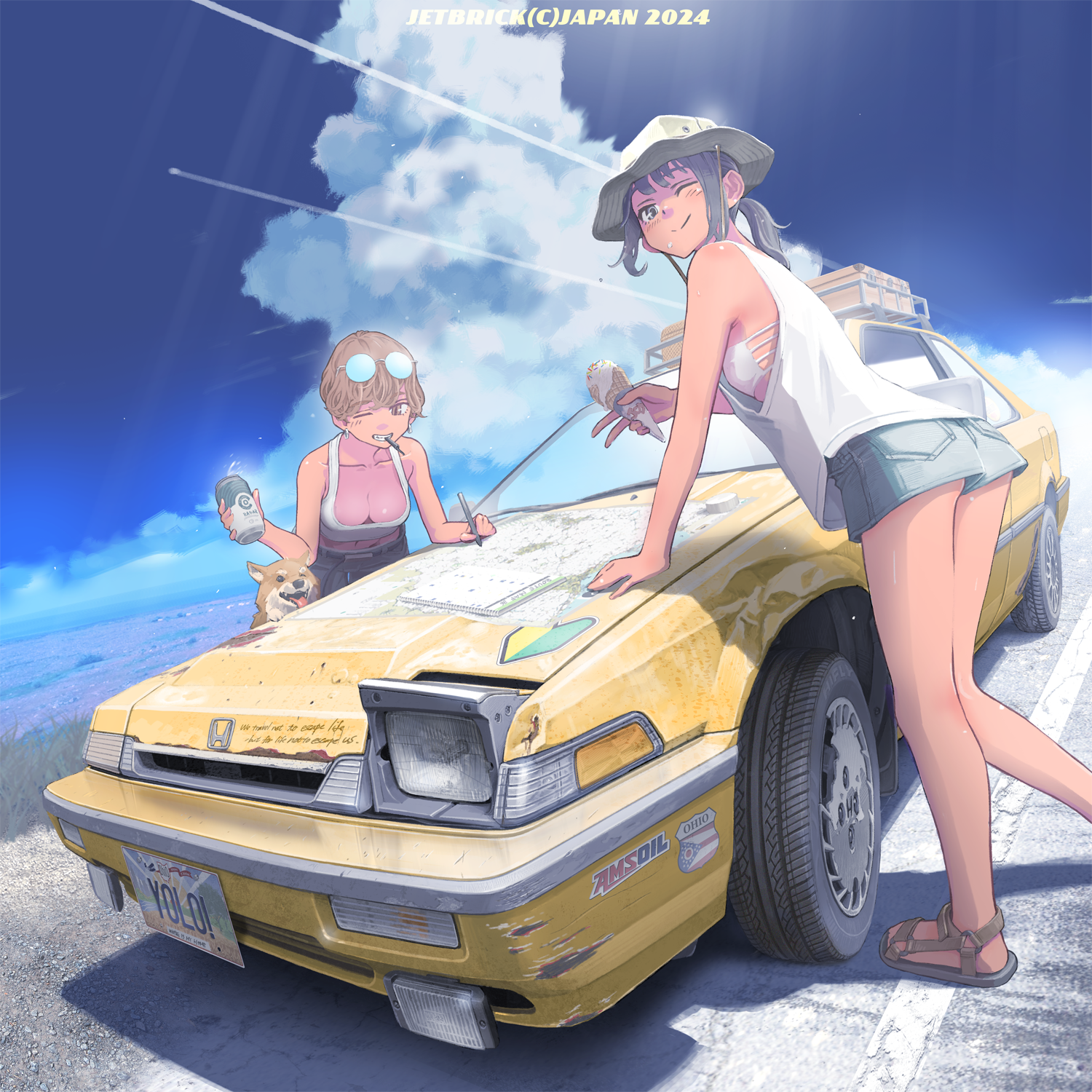 2girls ;) blue_shorts blue_sky breasts can car cloud collarbone commentary commentary_typo day dog drink drinking_straw english_commentary engrish_commentary eyewear_on_head food hat highres holding holding_can holding_drink holding_food holding_ice_cream holding_pen honda ice_cream ice_cream_cone jettoburikku license_plate medium_breasts motor_vehicle multiple_girls one_eye_closed original outdoors pen pop-up_headlights round_eyewear rust shorts single_pop-up_headlight sky smile sticker summer sunglasses vehicle_focus vehicle_request white_hat