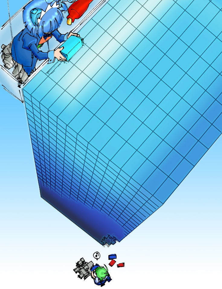 2girls 2k-tan ahoge block_(object) blue_background blue_hair brick defragmentation from_above full_body glasses gradient_background green_hair maid_headdress me-tan microsoft microsoft_windows multiple_girls musical_note os-tan simple_background speech_bubble spoken_musical_note windows_2000 windows_classic windows_me